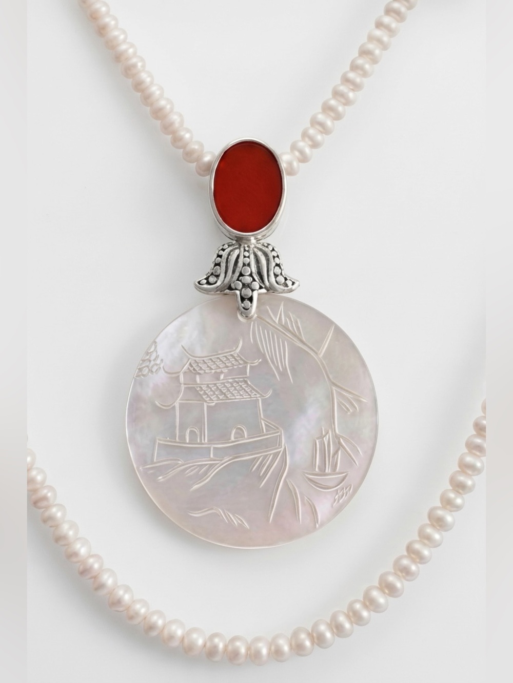 Vintage East Asian Sterling Silver/Saltwater Pearl/Red Coral/MOP Necklace